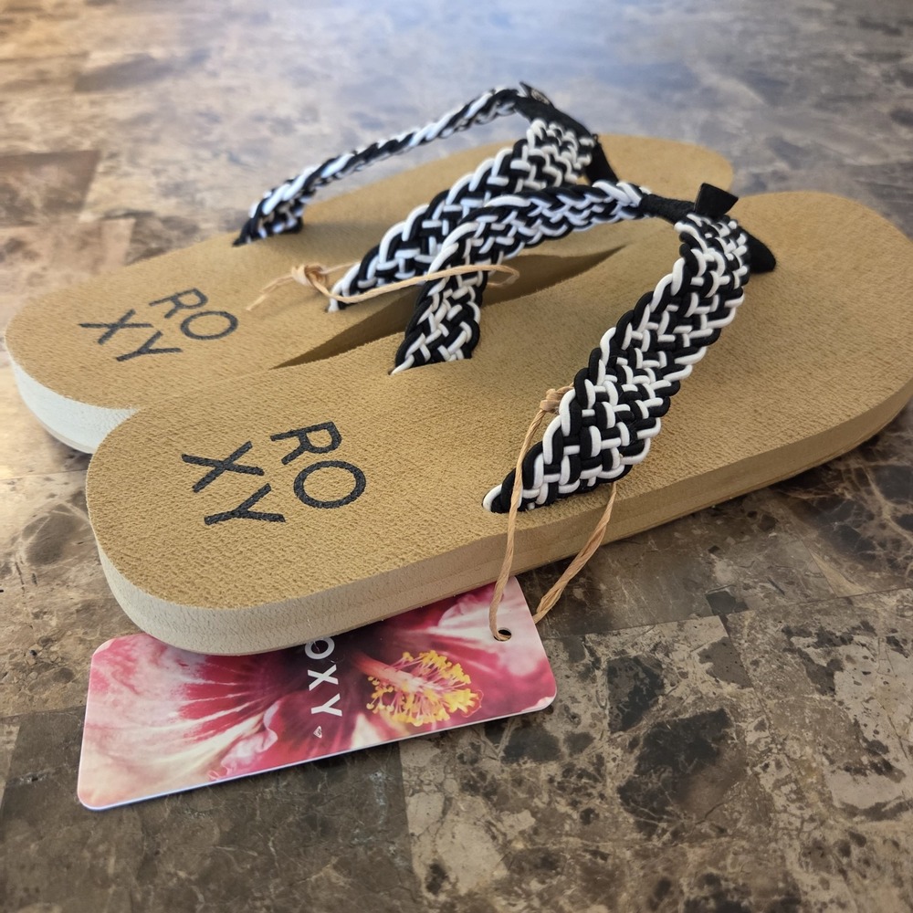 Roxy sz 8 braided blk/wht thong flip flops sandals NWT casual summer vacation - Picture 2 of 9